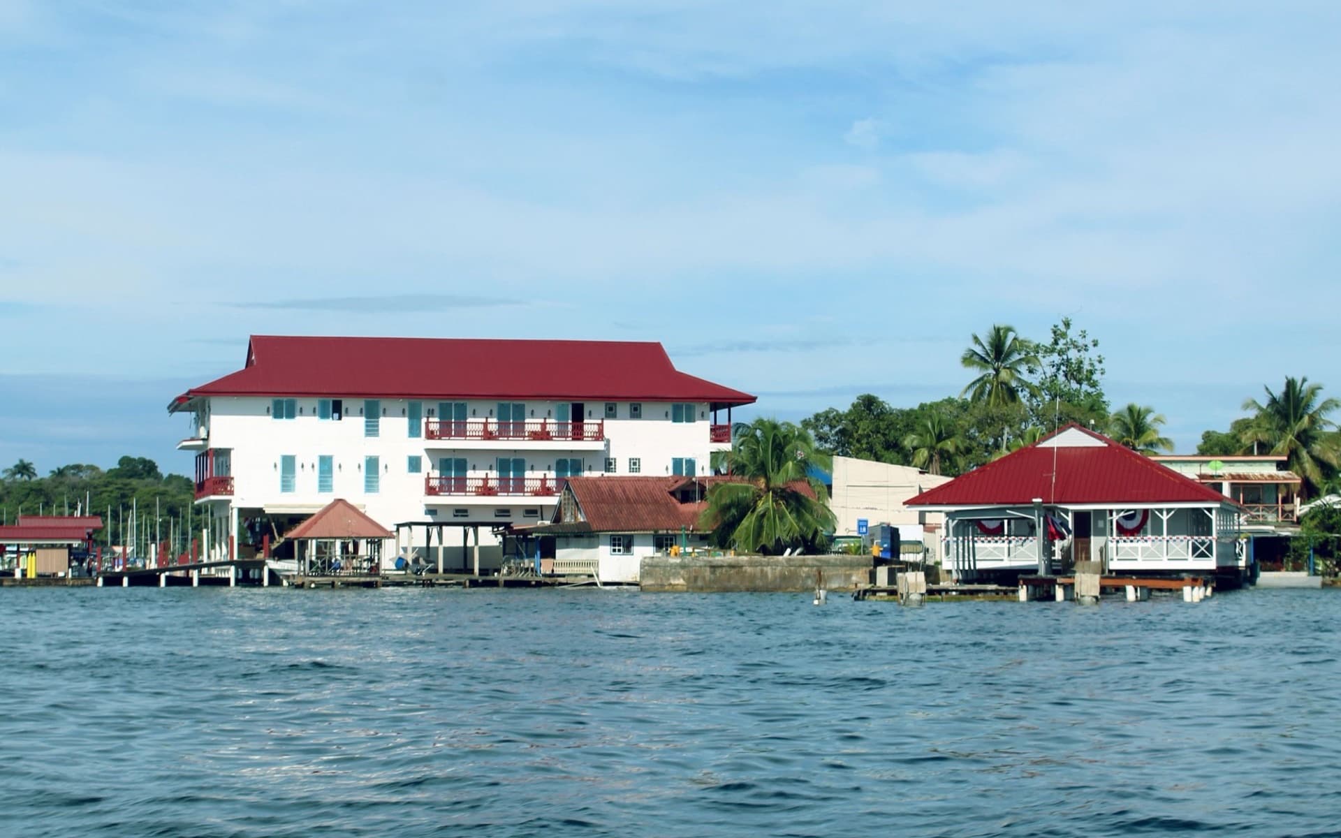 Hotels, docks and colorful buildings along the Bocas Town waterfront